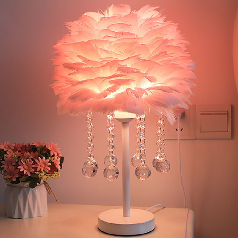 Hemisphere Feather Table Lamp Modern Single-Bulb Grey/White/Pink Night Light with Crystal Ball/Drop