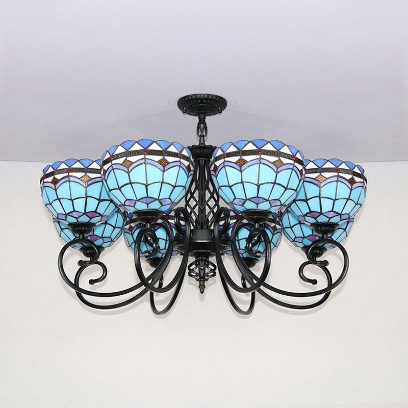 Baroque Indoor Pendant Light with Bowl Shade Stained Glass Ceiling Chandelier in Blue for Hotel