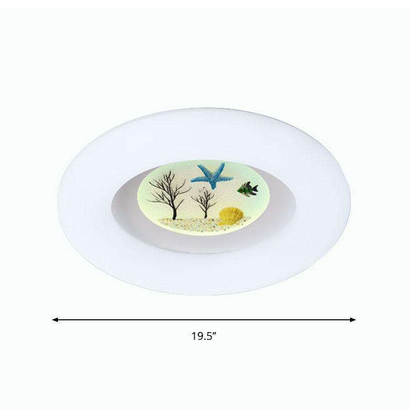 White Ring Ceiling Mounted Fixture Kids LED Acrylic Flush Mount with Ocean Pattern for Living Room