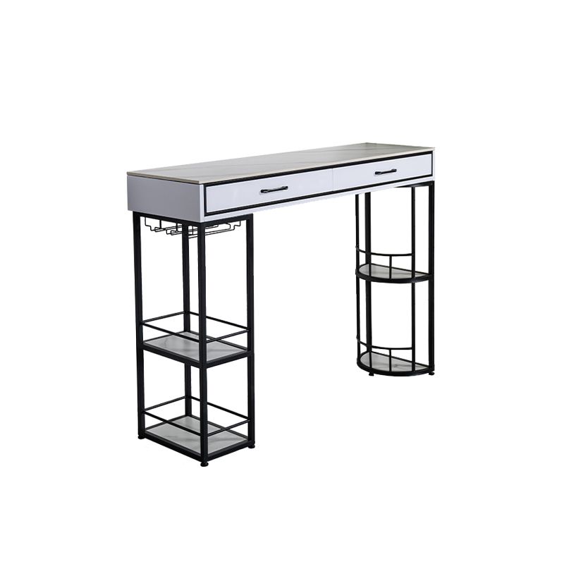 Stone Rectangle Bar Table Metal Base with Drawers for Living Room