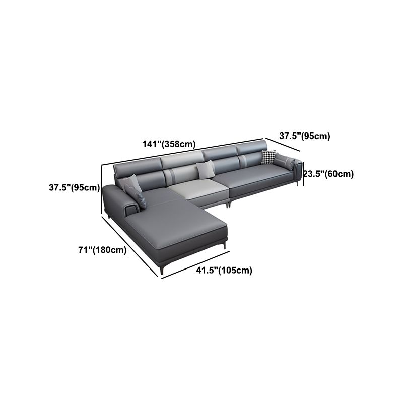 Contemporary Sofa & Chaise in Grey Square Arm Sectional with Bolster Pillows