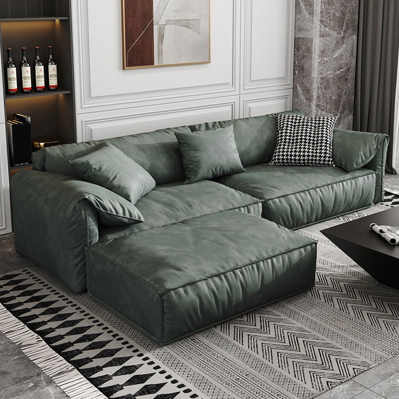 Contemporary Style Faux Leather Sofa Pillow Top Arm Sofa in Green