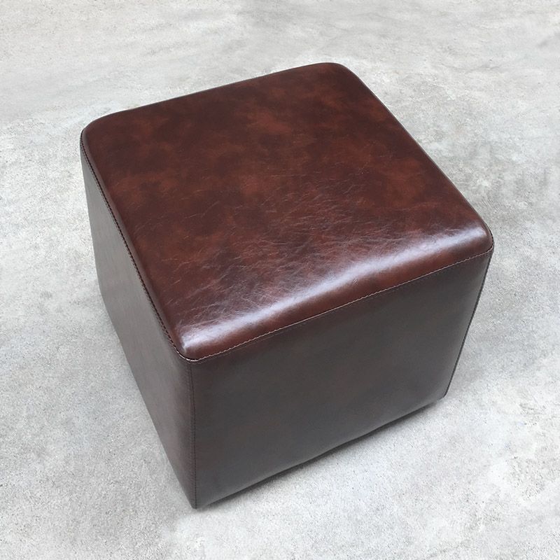 Mid-Century Modern Pouf Ottoman Genuine Leather Upholstered Solid Color Square Ottoman