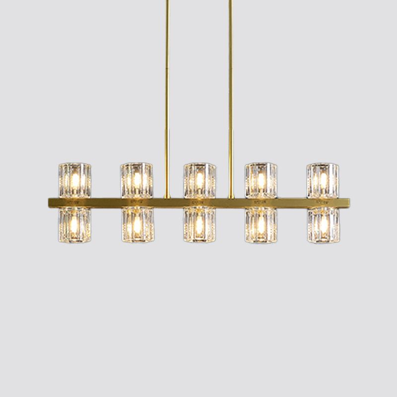 Cylindrical Crystal Island Pendant Postmodern 10/20 Lights Dining Table Hanging Light Fixture in Gold