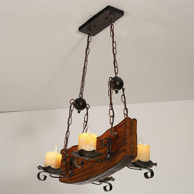 Rectangle Wood Board Island Lamp Rural 4 Bulbes Restaurant Down Lighting Pendant avec bougie en marron