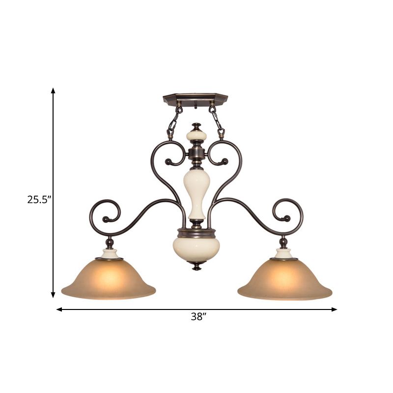 White Glass Black Island Lamp Flared 2 Heads Countryside Style Chandelier Light with Curvy Arm for Dining Room