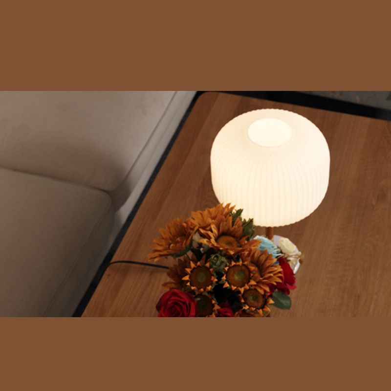 White Ribbed Glass Drum Shade Night Lamp Minimalist 1 Bulb Gold Table Light with Marble Base