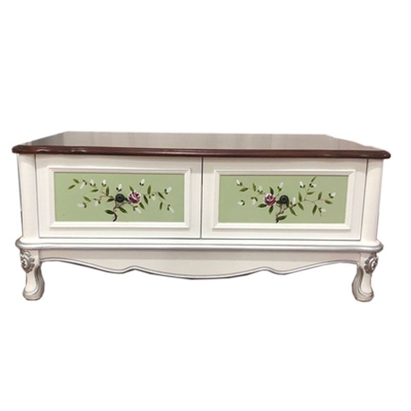 Wooden 4 Legs Coffee Table with Storage Drawers French Country Rectangle