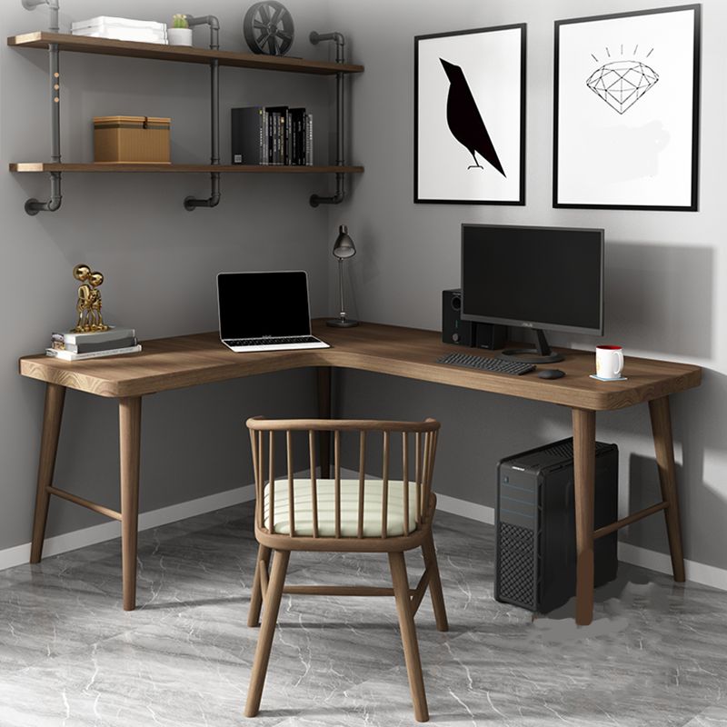 Modern Solid Wood Writing Desk L-Shape Writing Desk in Brown