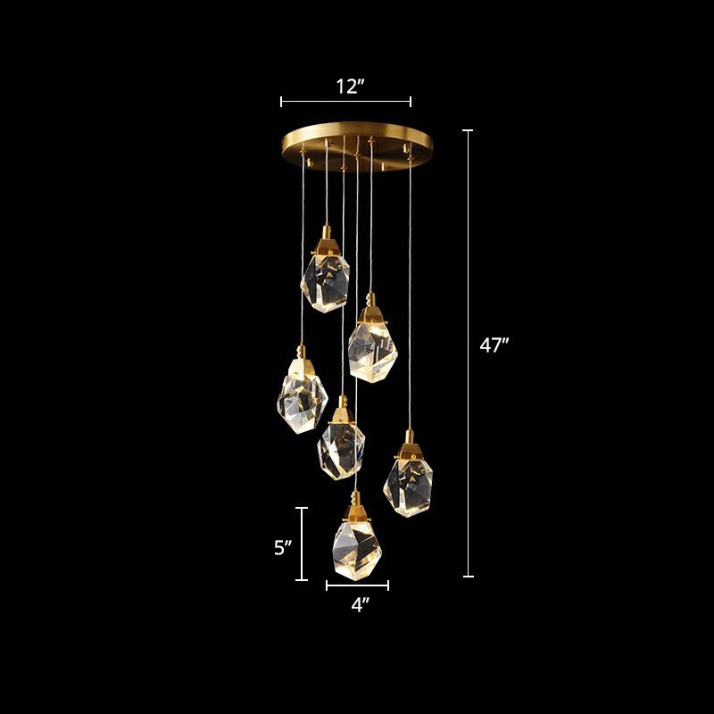 Crystal Gem Cluster Pendant Light Minimalistic Brass LED Pendulum Light for Staircase