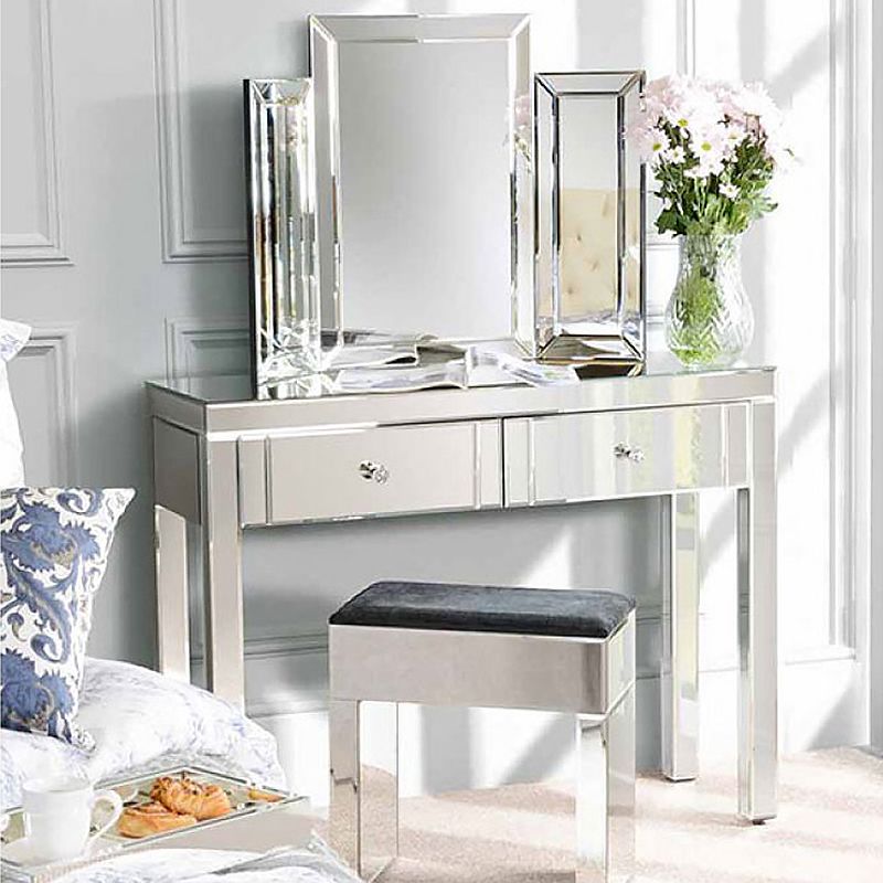 Glass Vanity Set with Tri-Fold 13.77" Wide Make-up Vanity with 2 Storage Drawers