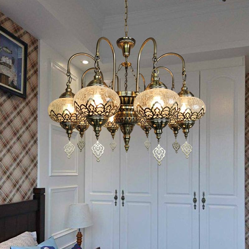Lantern Living Room Suspension Lamp Bohemia Clear Crackle Glass 8 Lights Bronze Chandelier Light with Swooping Arm