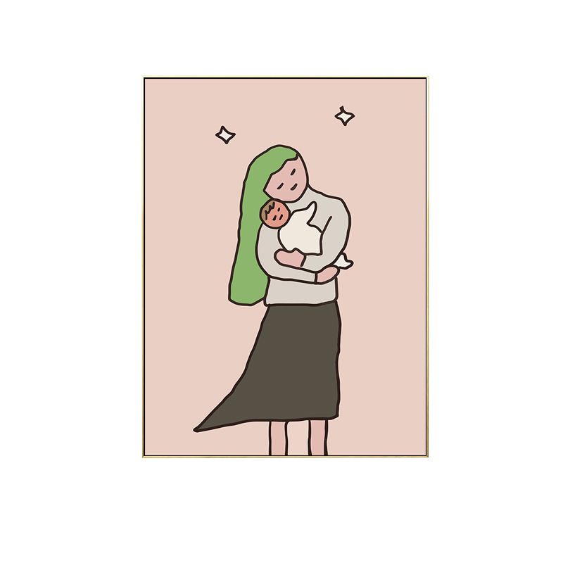 Happy Family Drawing Wall Art House Interior Figure Canvas Print in Pastel Color