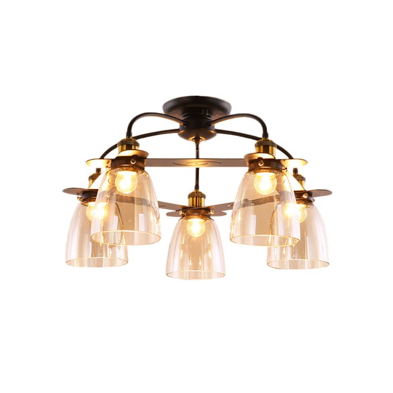 Dome Shade Restaurant Semi Flush Cognac Glass 5 Bulbs Mid Century Style Ceiling Mount Chandelier in Black