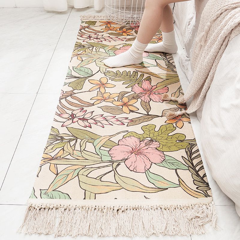 Multi Colored Nordic Rug Cotton Blend Flower Printed Area Carpet Easy Care Pet Friendly Indoor Rug for Room