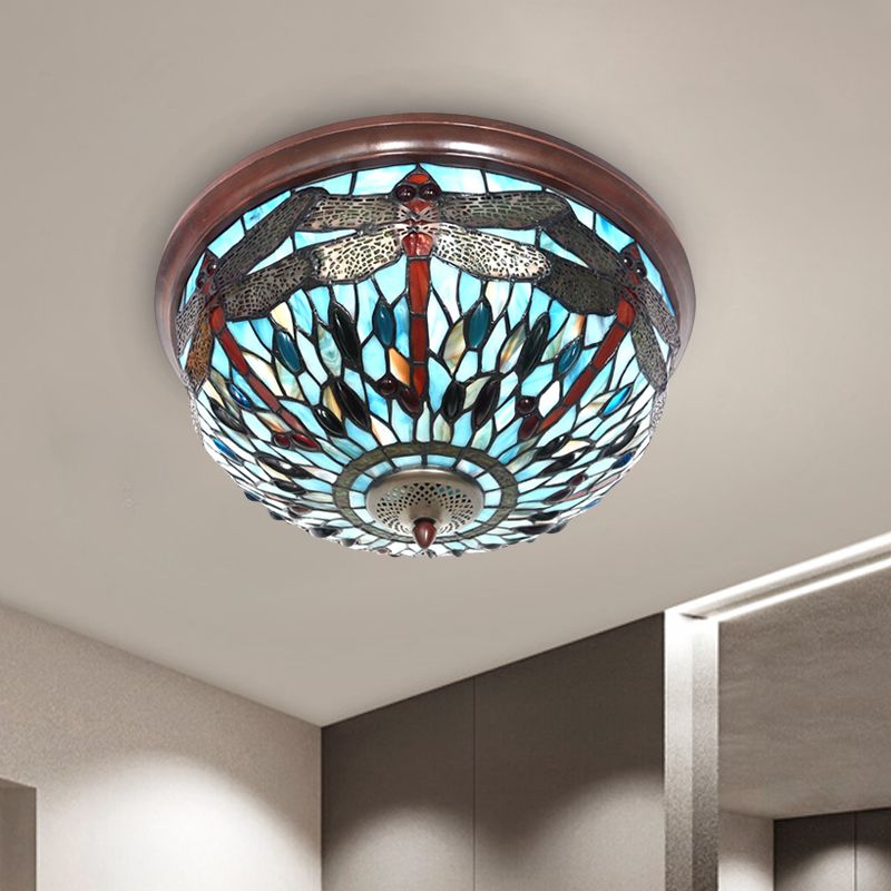 Blue/Red Dome Flush Mount Light Tiffany Stained Glass LED Close to Ceiling Lamp with Dragonfly Pattern