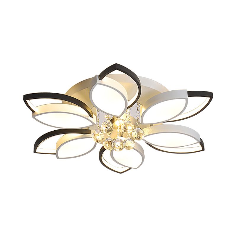 Petals Bedroom Flush Mount Light Nordic Acrylic Black-White LED Ceiling Lighting with Crystal Ball Drop, Warm/White Light