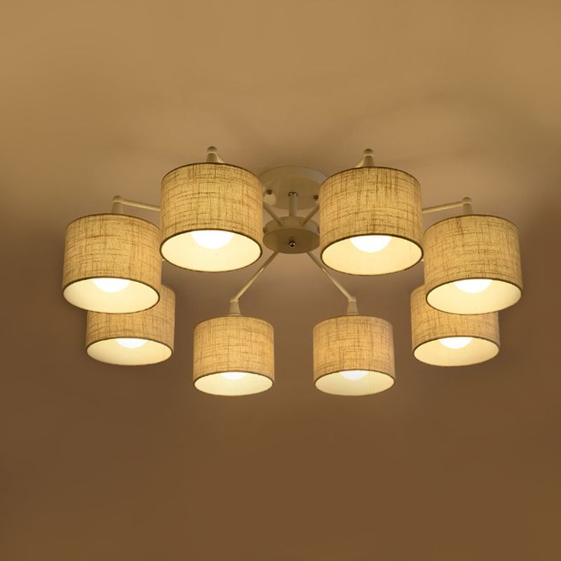 Fabric Sputnik Hanging Ceiling Light Minimalist 8 Lights Black/White/Flaxen Pendant Chandelier for Living Room
