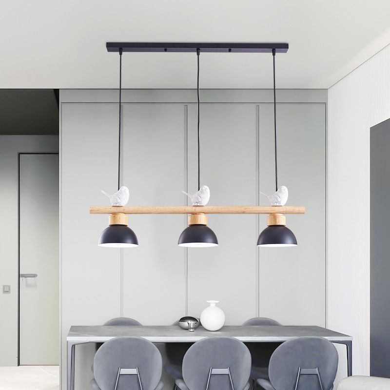 3 Lights Metal Shaded Island Lighting Nordic Style Bowl Wood Pendant