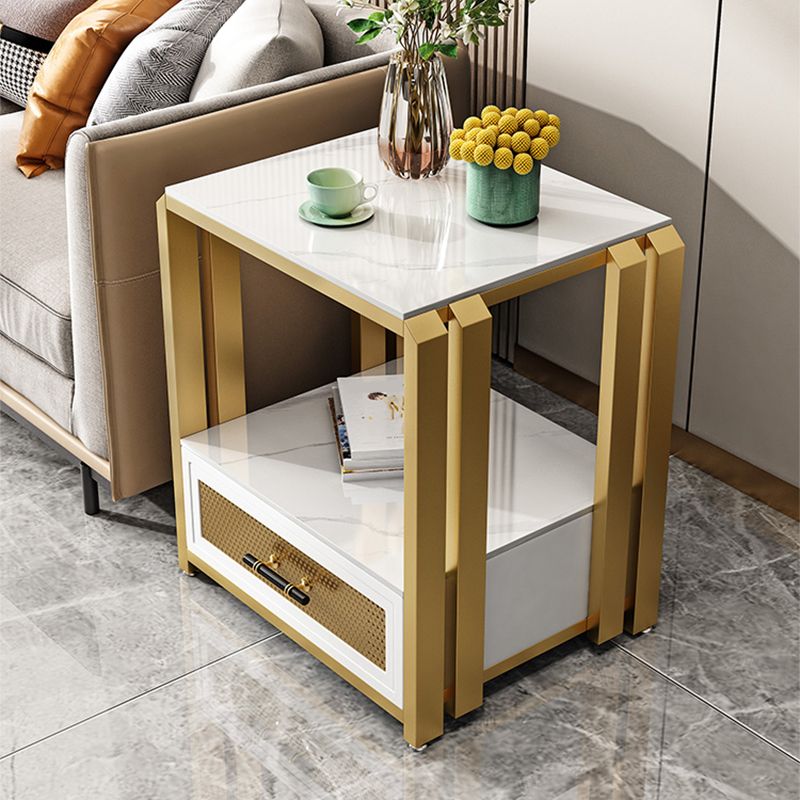 Frame Glam Style Side Table 21.6" Tall Stone Top Side Table with Storage