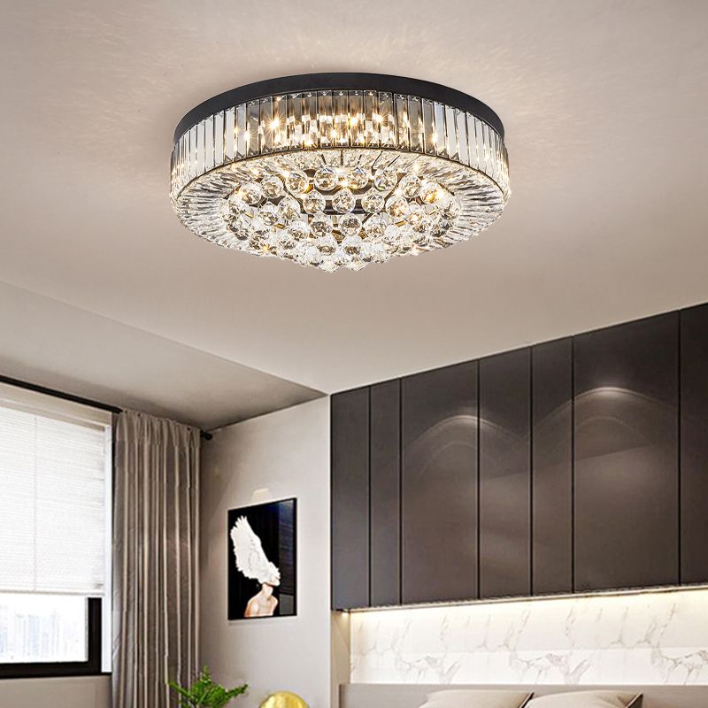 Crystal Block Drum Ceiling Lighting Modernism Black LED Flush Mount, 3 Color Light/Remote Control Stepless Dimming