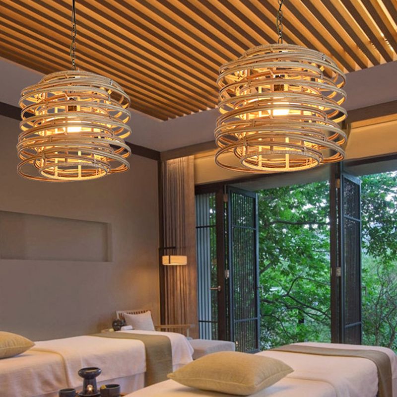 Asia 1 Head Pendant Lighting Wood Swirling Hanging Lamp Kit with Bamboo Shade for Massage House