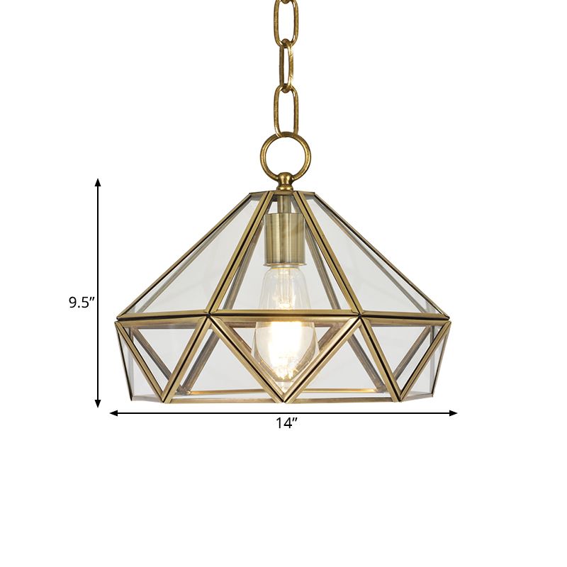 Colonial Diamond Shape Pendant Lighting 1 Bulb Clear Glass Ceiling Hang Fixture in Brass for Bedroom