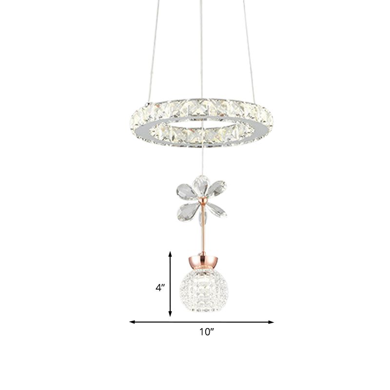 Flower and Dome Hanging Light Kit Modernist Clear Crystal Glass Dining Room LED Pendulum Lamp with Hoop Shelf