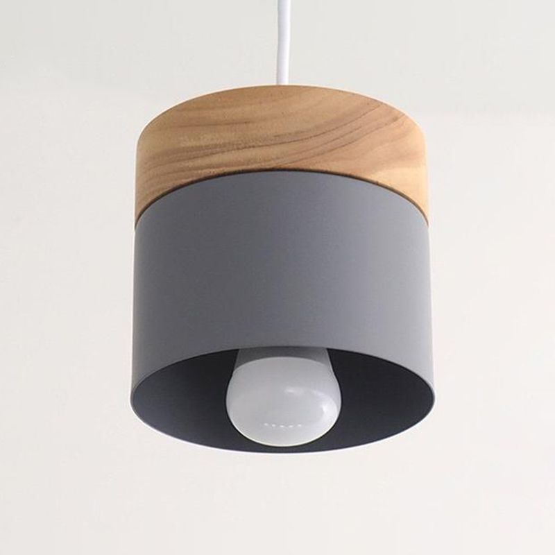 Lampada a cilindro cilindri in metallo semplice illuminazione a 1 bulbina con top in legno per sala da pranzo