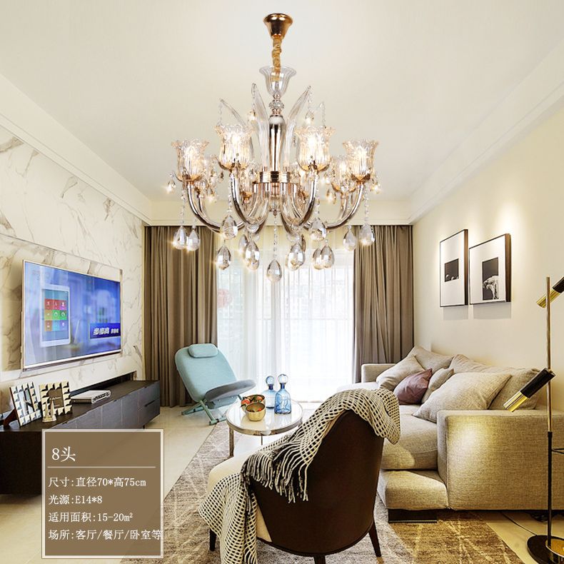Bell Living Room Chandelier Lamp Traditional Crystal Drop 6/8 Lights Chrome Hanging Ceiling Light