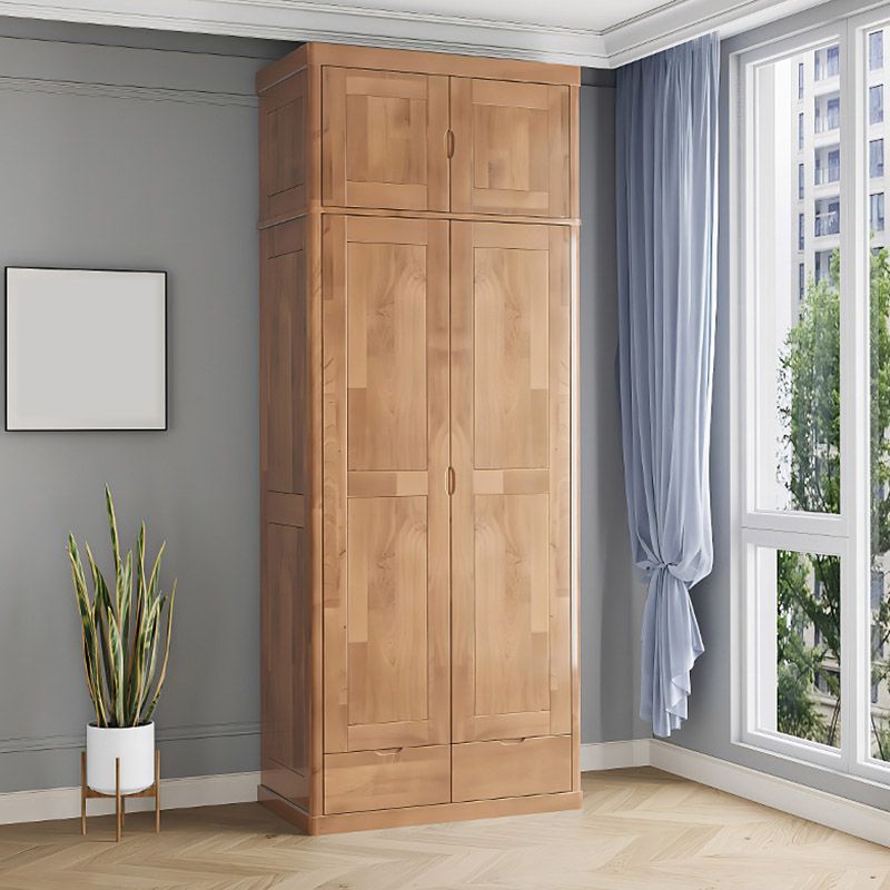 Contemporary Style Wardrobe Armoire Solid Wood Wardrobe Closet with Doors and Drawers