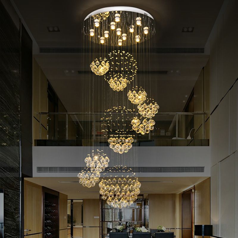 Crystal Gold Cluster Pendant Light Spiral 13 Heads Modern LED Hanging Ceiling Lamp with Round Canopy