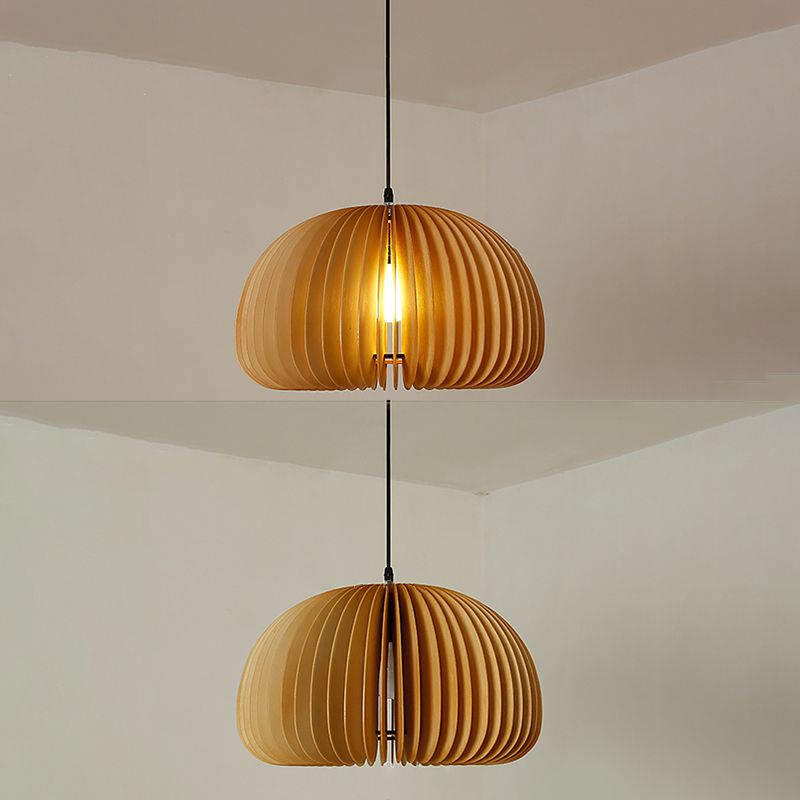 1 Light Pumpkin Shaped Pendant Lamp with Wood Frame Modern Suspension Lighting Fixture