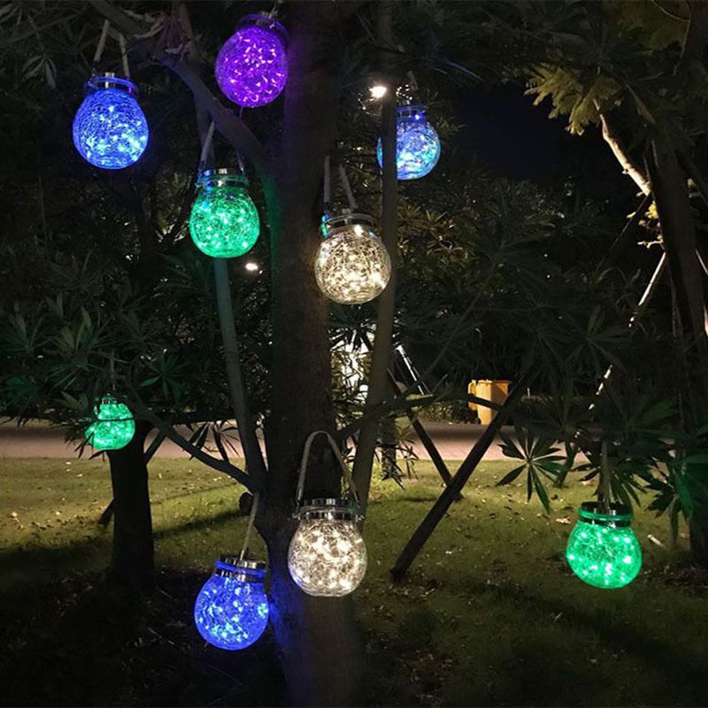 Wishing Jar Backyard Solar Suspension Lighting Clear Crackle Glass Artistic LED Pendant Light, 1 Pc