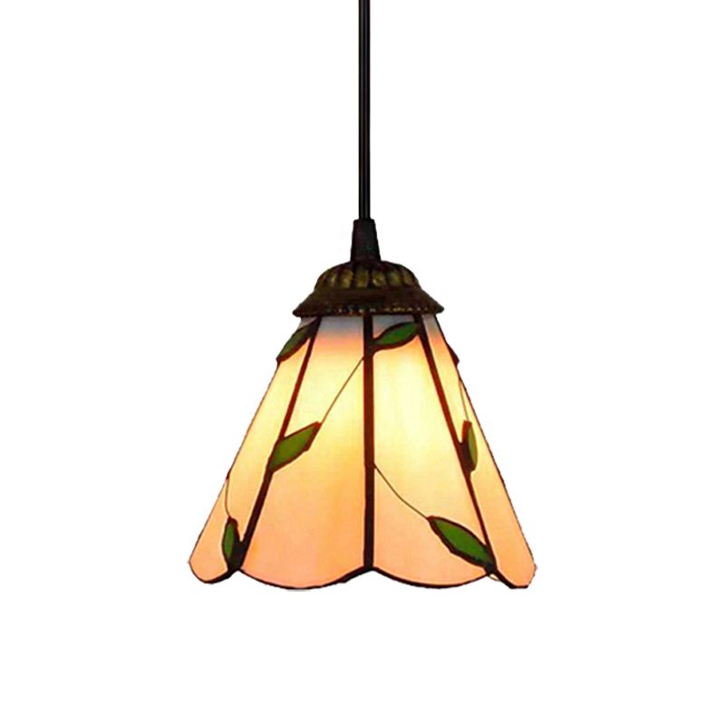 Stained Glass Conical Hanging Lamp Tiffany 1 Bulb Blue/Beige Down Mini Pendant for Living Room
