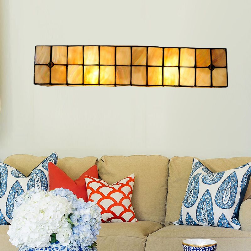 Tiffany Style Linear Wall Light with Square/Flower Pattern 2 Lights Shell Sconce Light in Beige for Living Room