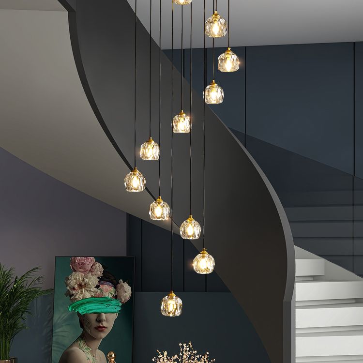 Accesorio de luz colgante sombreada lámpara colgante de oro cristal de estilo moderno para escalera