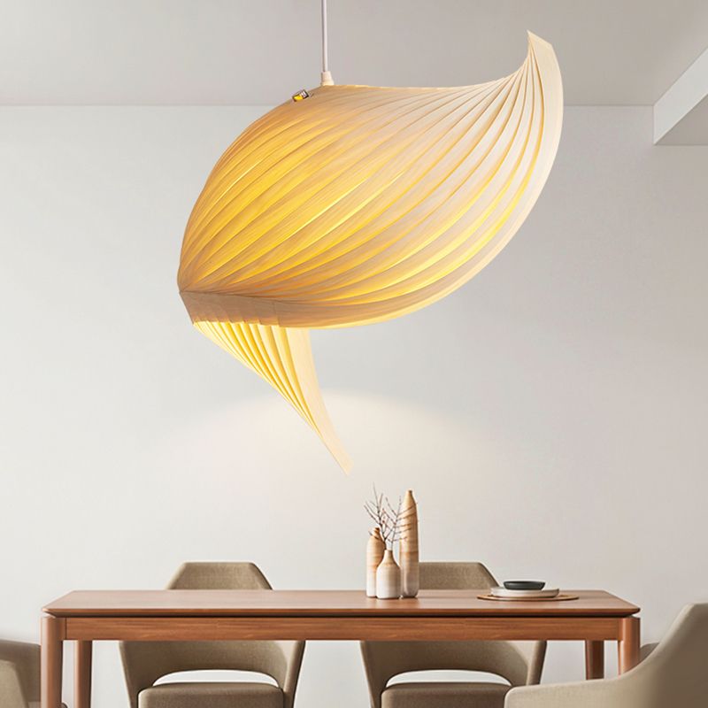 Artistic Shell Suspension Lamp Minimalist Natural Wood 1 Bulb Staircase Pendant Light