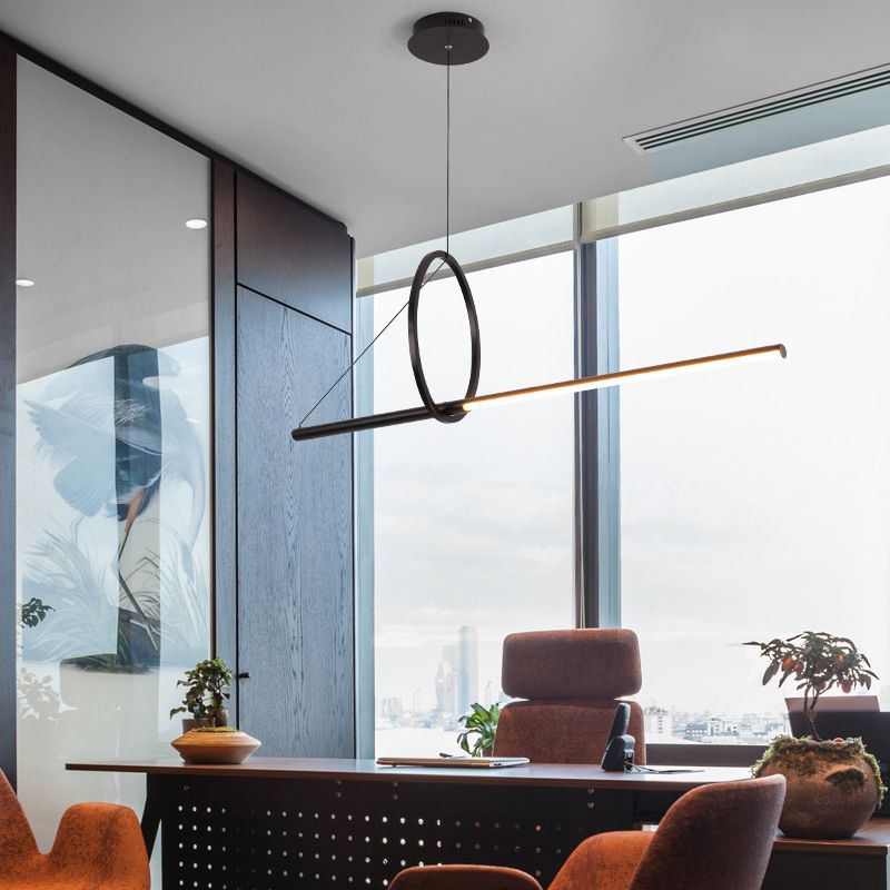 Metal Ring and Linear Island Pendant Light Contemporary Black LED Ceiling Light for Dining Room