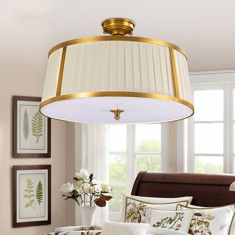4 Lights Ceiling Light Flush Mount Vintage Drum Fabric Flush Mount Light in Polished Brass