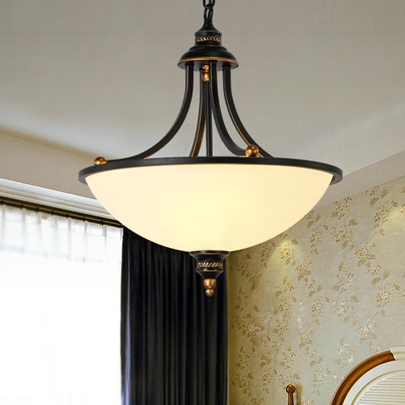 Cream Glass Black Chandelier Light Bowl Shade 3 Heads Classic Pendant Light Fixture