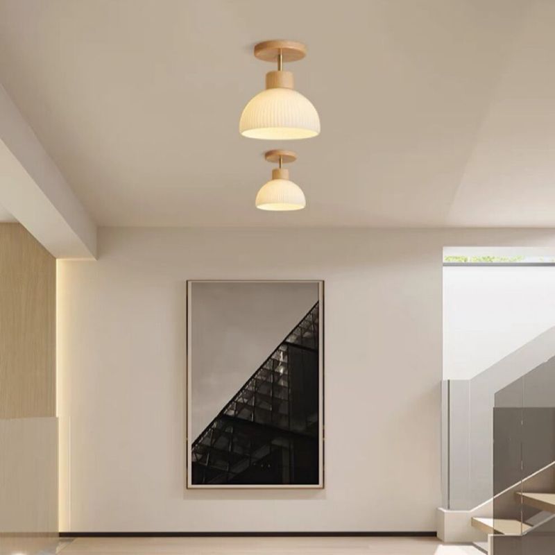 Contemporary Wood Ceiling Light White Shaded Flush Mount Lighting for Home