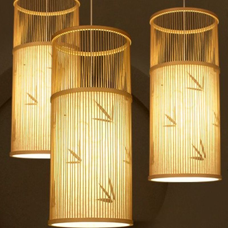 Cylindrical Restaurant Pendant Light Bamboo 1 Head Chinoiserie Hanging Light