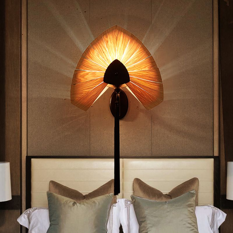 Wood Strap Cherry Sconce Light South East Asia 1-Light Beige Wall Mount Lamp with Tassel Fringe in Black