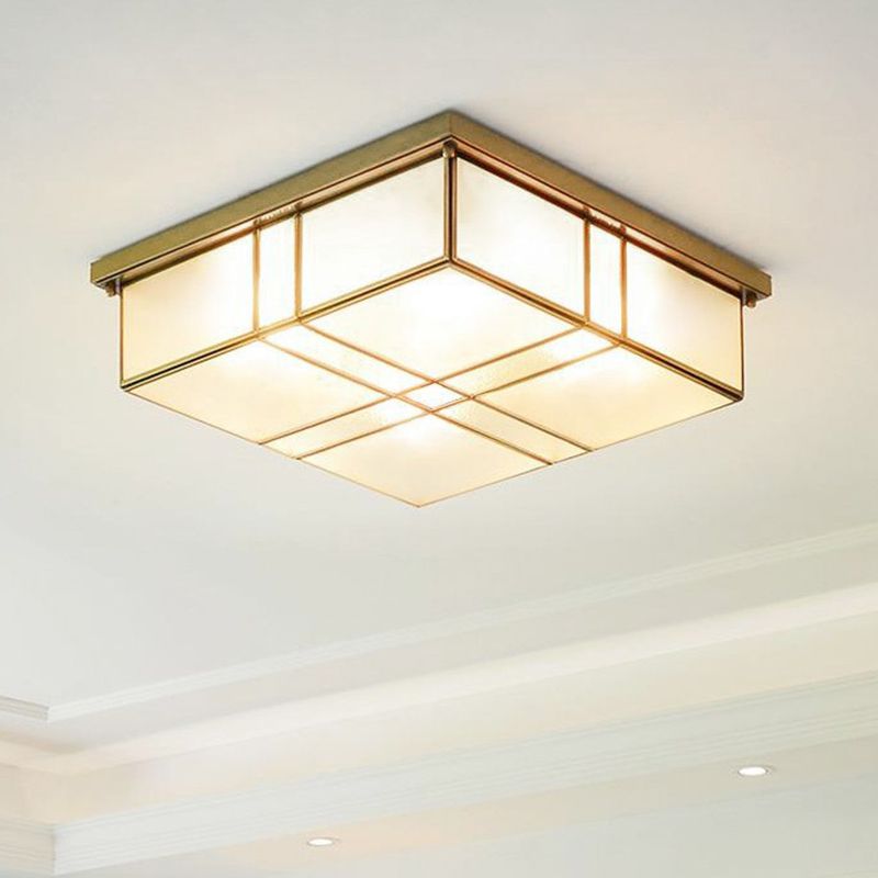 2-Bulb Cubic Flush Mount Lamp Warehouse Brass Opal Glass Ceiling Light Fixture for Bedroom