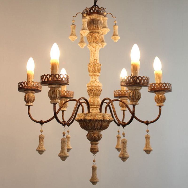 Metal Curvy Arm Chandelier Classic 6 Bulbs Living Room Pendant Lamp in Distressed Wood