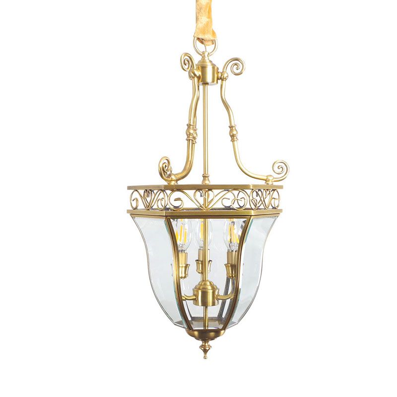 Messing verjüngter Kronleuchter Lampe Retro 3 Köpfe klare Glasdecke Anhänger Licht für Balkon