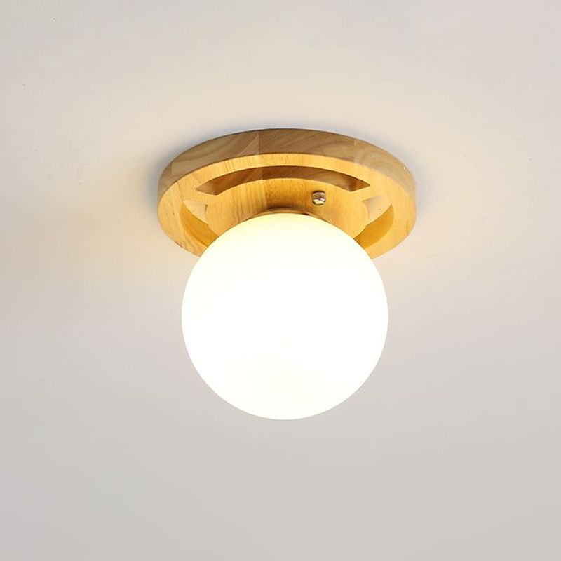 Small Aisle Ceiling Flush Light White Glass 1 Head Nordic Semi Mount Lighting in Wood