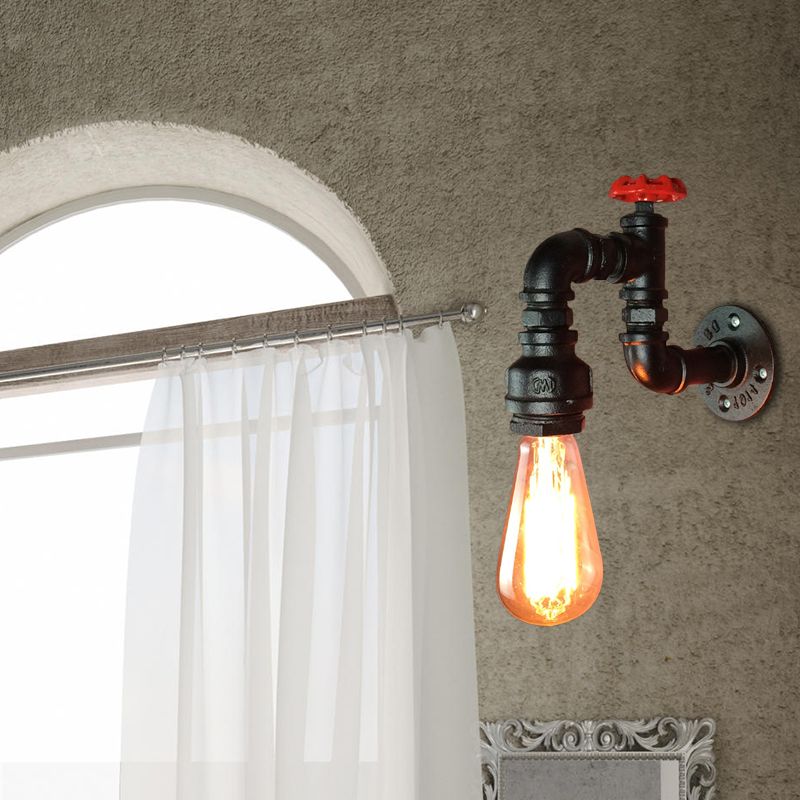 Black 1 Head Wall Sconce Light Rustic Industrial Metal Pipe Wall Lamp with Red Faucet Valve for Living Room