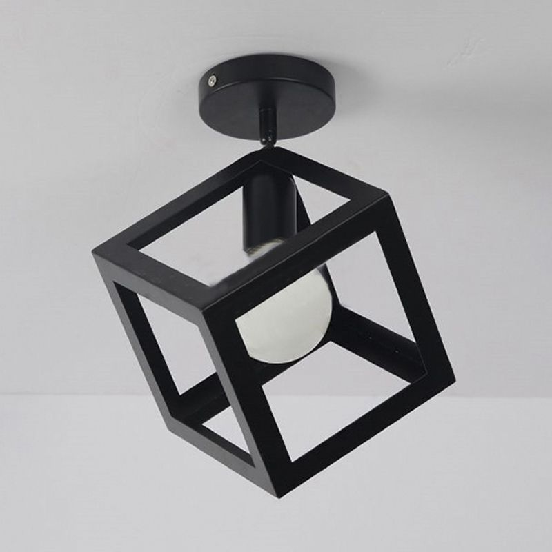 1 Light Squared Ceiling Mounted Light with Wire Guard Loft Style Black/Gray Metallic Semi-Flush Lighting for Bedroom